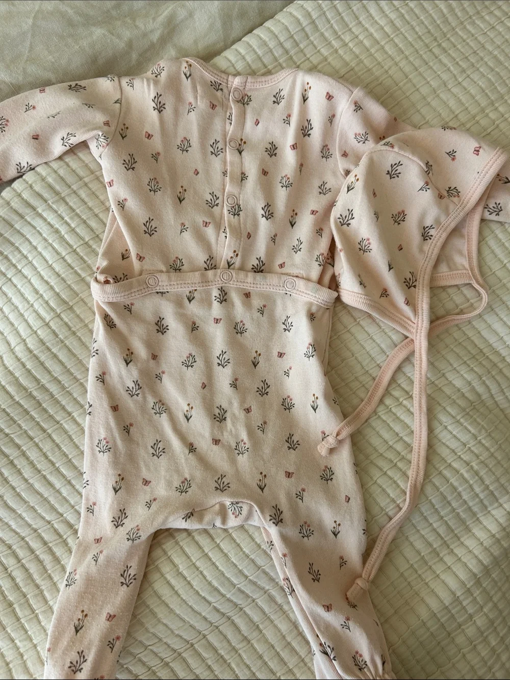Baby Pink Floral Footed One-Piece with Matching Bonnet